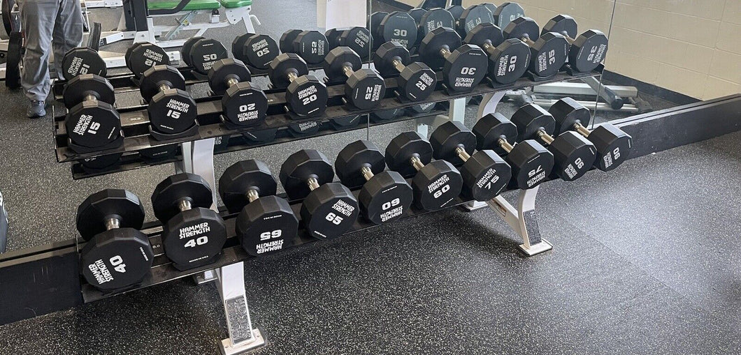 Hammer Strength 12 Sided Urethane Dumbbell Set w 3 HS Racks 15